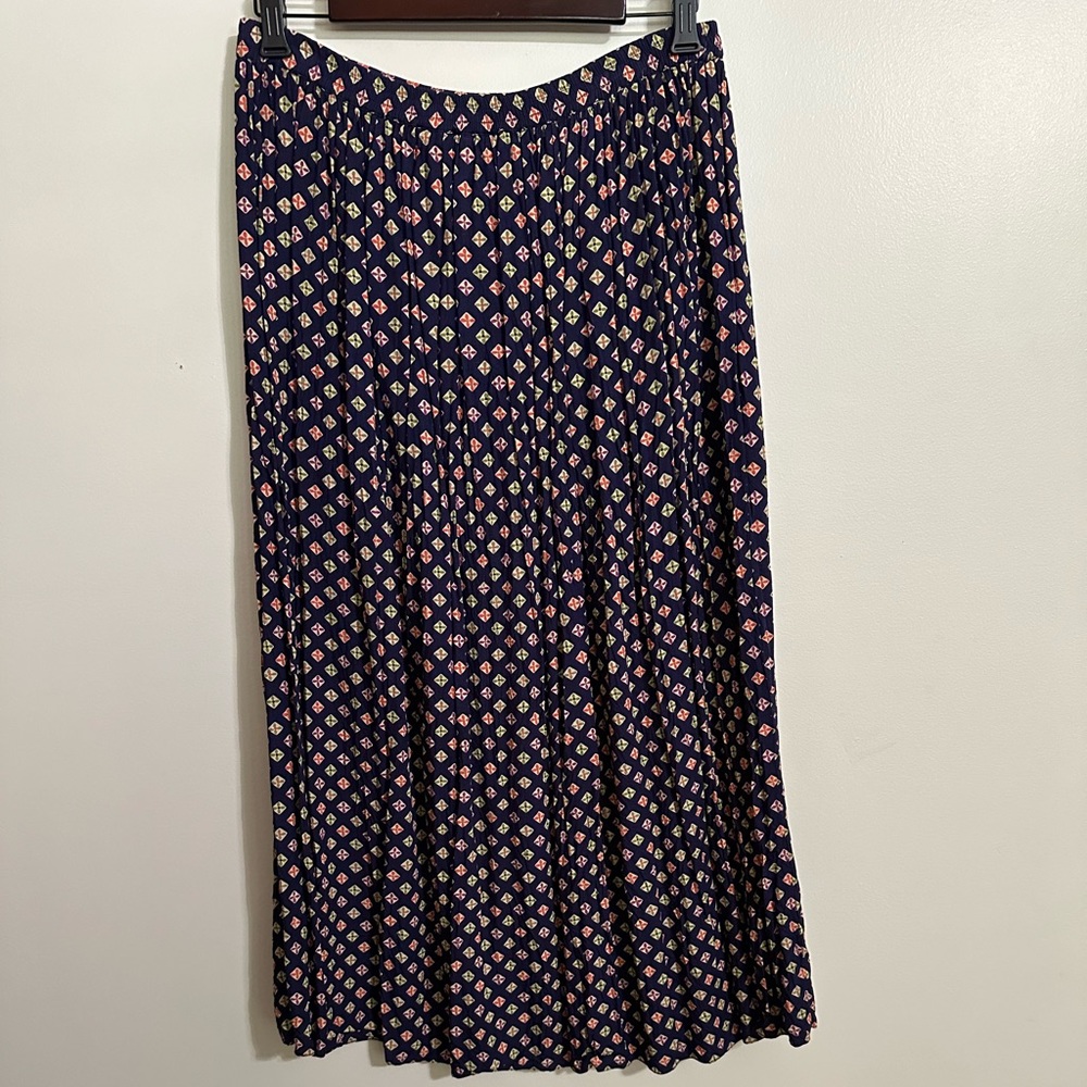 Vintage Susan Bristol Casuals Navy Print Elastic Waist Gathered Maxi Skirt, Sz M